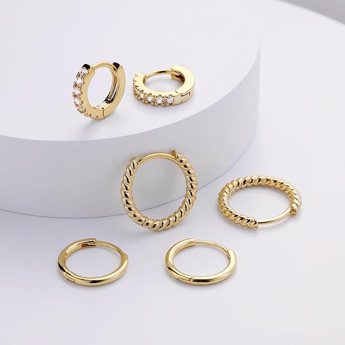 micuco 3 Pairs Small Hoop Earrings Set for Women, 14K Gold Plated Huggie Hoop Earrings for Men, Tiny Cartilage Hypoallergenic Earring Set
