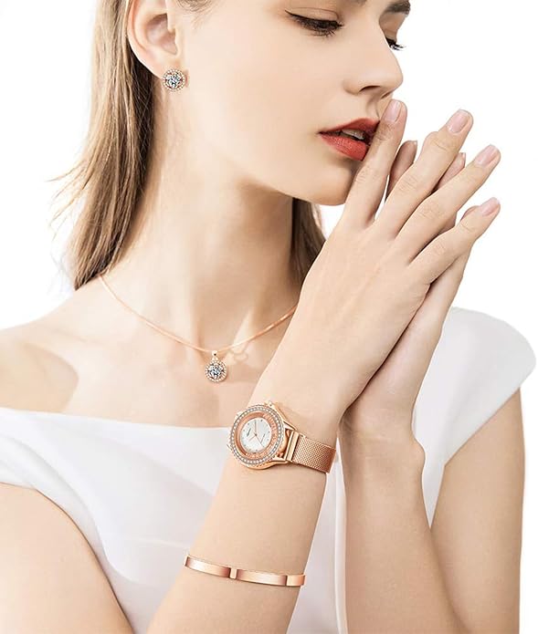 Watches Sets for Women, Rose Gold Watch Set Necklace Earring Bracelet 4 Pieces Jewelry Set for Mom Wife Girlfriend