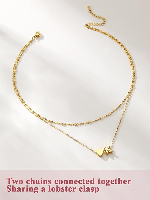 FOCALOOK Layered Initial Necklace for Women, 14K Gold Plated Choker Necklaces Stacks with Initial A-Z, Dainty Silver Heart Pendant Necklace Personalized Birthday Women Jewelry