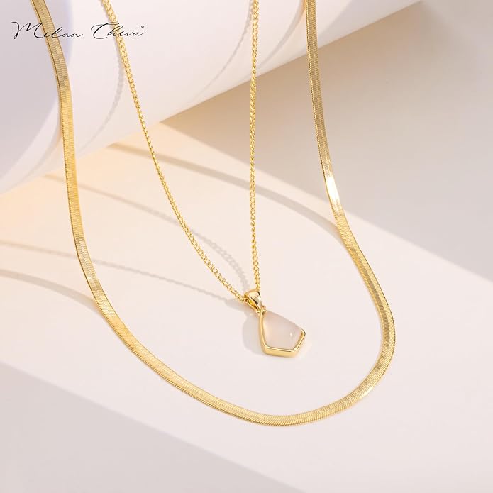 Milan Chiva Gold Pendant Necklace for Women 14K Dainty Cubic Zirconia GemStone Statement Chain Jewelry