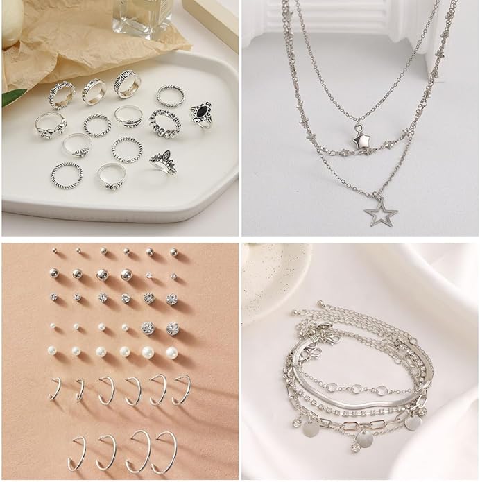 IFNODO 37pcs Silver Jewelry Set With 3 PCS Necklace, 14 PCS Bracelet, 7 PCS Ear Cuffs Earring, 6pcs Hoop Earrings,7pcs silver rings set For Women For Birthday Gifts