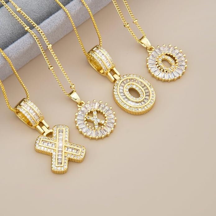 14K Gold Plated Initial Letter Pendant Necklace, Cubic Zirconia Crystal, Copper Chain