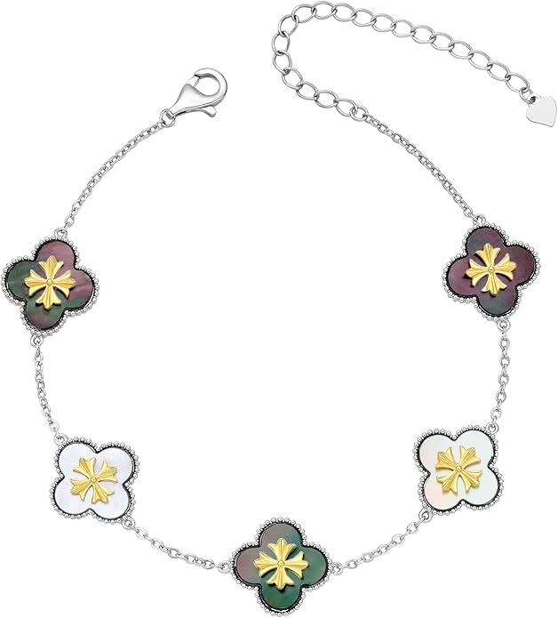 Fydesta 18K Gold Plated Clover Bracelet, Mother of Pearl Four Leaf Flower Bracelet for Women, 6.9" + 2" Adjustable Bracelet, Cross Motif, Gold or Silver Tone