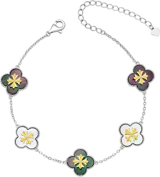 Fydesta 18K Gold Plated Clover Bracelet, Mother of Pearl Four Leaf Flower Bracelet for Women, 6.9" + 2" Adjustable Bracelet, Cross Motif, Gold or Silver Tone