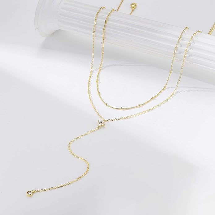 Ursteel Dainty Lariat Necklace for Women, 14K Gold Plated Y-Shaped Long Necklace Layered Drop Necklaces Pearl Cross Clover CZ Charm Necklaces for Women Christmas Jewelry Gifts Stocking Stuffers