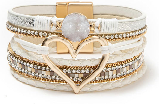 Rantanto Braid Leather Wrap Bracelet Trendy Stackable Crystal Cuff Boho Gold Heart Bracelet Jewelry Gift For Women
