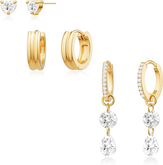 3 Pairs Earrings Set for Multiple Piercings, Gold Plated Studs Hoop Earrings Stack, CZ Dangle Earrings Set, Hypoallergenic for Sensitive Ears, Women's Gift