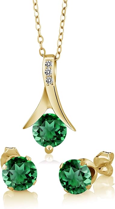 Gem Stone King 18K Yellow Gold Plated Silver Simulated Emerald and White Diamond Pendant Earrings Jewelry Set For Women | 2.36 Cttw | With 18 Inch Chain | Fine Jewelry Gifts for Her Mom Women Wife