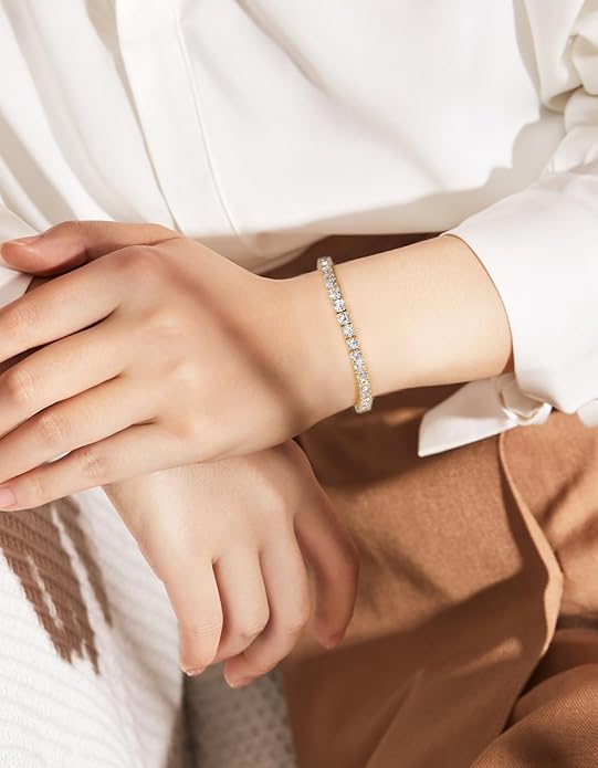 KRKCLIFE Tennis Bracelets for Women Men, 14K Gold Plated Hypoallergenic Classic Round AAAAA Cubic Zirconia, 3/4/5mm Width, Elegant Jewelry Anniversary Birthday Gifts for Her Him Wife Mom 6.5-8 Inch