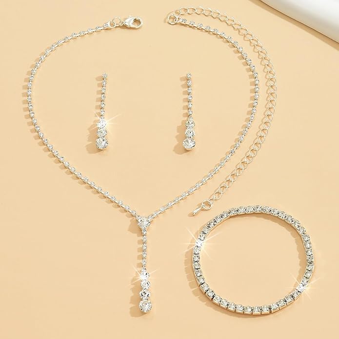 MIFYNN Rhinestone Wedding Set for Women Sparkle Crystal Earrings Necklace Bracelet Jewelry Set Wedding Party Prom Jewelry Set for Brides Bridesmaid