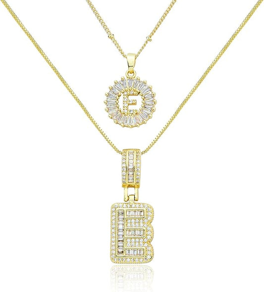 14K Gold Plated Initial Letter Pendant Necklace, Cubic Zirconia Crystal, Copper Chain