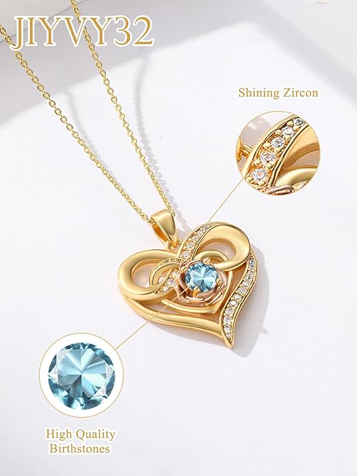 Infinite Heart Birthstone Necklaces for Women Gold Plated Pendant Wedding Anniversary Birthday Gift for Wife Her Mom Grandma Daughter Jewelry with Round Birthstone