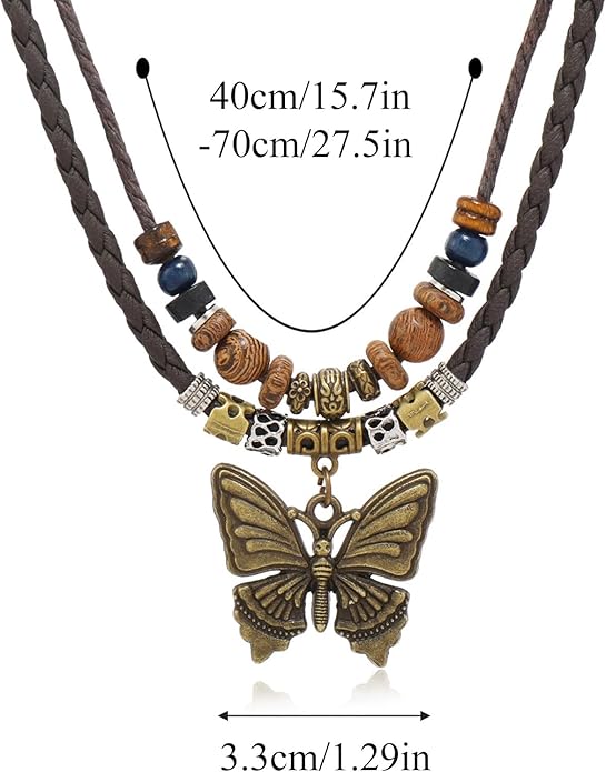 HETICA Boho Necklace for Women, Vintage Butterfly Necklace Adjustable Wooden Beads Layered Braided Necklace Fashion Tribal Style Leather Rope Necklace Jewelry