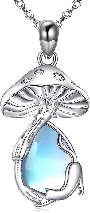 YAFEINI Mushroom Necklace Moonstone/Moss Agate/Malachite/Labradorite/Turquoise/Amber/Larimar/Black Onyx/Lapis Lazuli/Peridot/Opal Sterling Silver Mushroom Pendant Mother's Day Jewelry for Women Mom