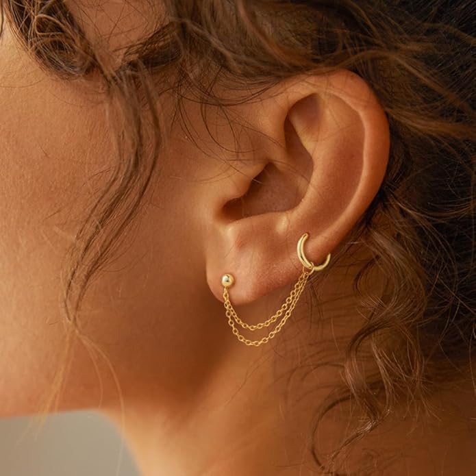 Freekiss Gold Chain Studs Earrings for Women Trendy: Hypoallergenic 14K Gold Plated Dangle Earrings Dainty Small Long Chain Earring Set Fashion Gold Jewelry for Women