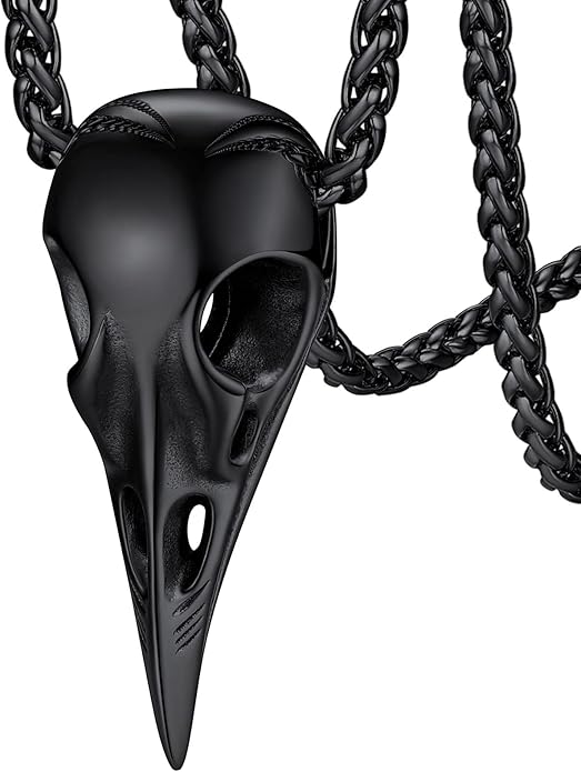 FaithHeart Viking Raven Necklace for Men, Norse Mythology Raven Skull Pendant Sturdy Stainless Steel Amulet Jewelry Gift for Men