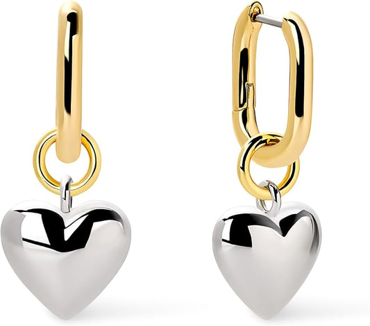 Ana Luisa Puffed Heart Earrings - Heart Charm Huggie Hoops and Earring Stud Styles - Dainty 14K Gold Plated, Silver Rhodium Plated & Mixed Metal Silver & Gold Earrings - Hypoallergenic Water-Resistant