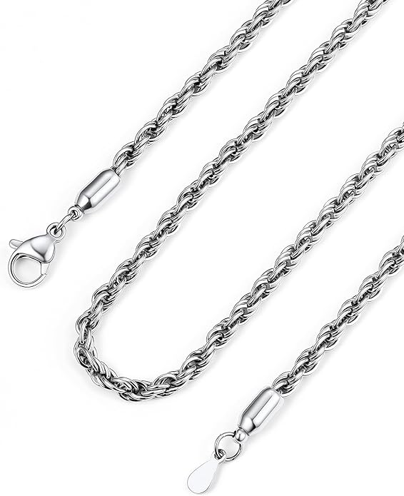 Bandmax Solid 1.5mm/2mm/3mm/6mm Rope Chains for Men Women 14K Gold Plated/Black Plated Stainless Steel Twist Chain 16-30 Inches, with Gift Box