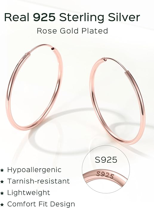 ChicSilver Hypoallergenic 925 Sterling Silver Hoop Earrings for Women, Lightweight Large Gold Plated Hoop Earrings, Endless Hoops Earring 20/30/40/50/60/70MM