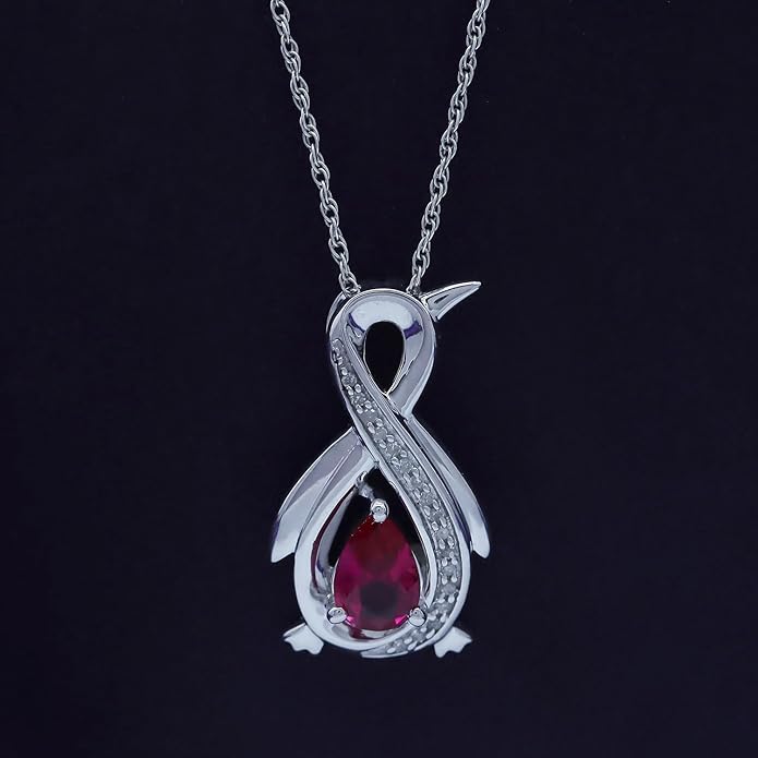 Infinity Penguin Pendant Necklace for Women, 14K Gold Over Sterling Silver with Pear & Round Cut Simulated Birthstone & White Diamond Accents, Dainty Animal Jewelry Gift with 18" Chain