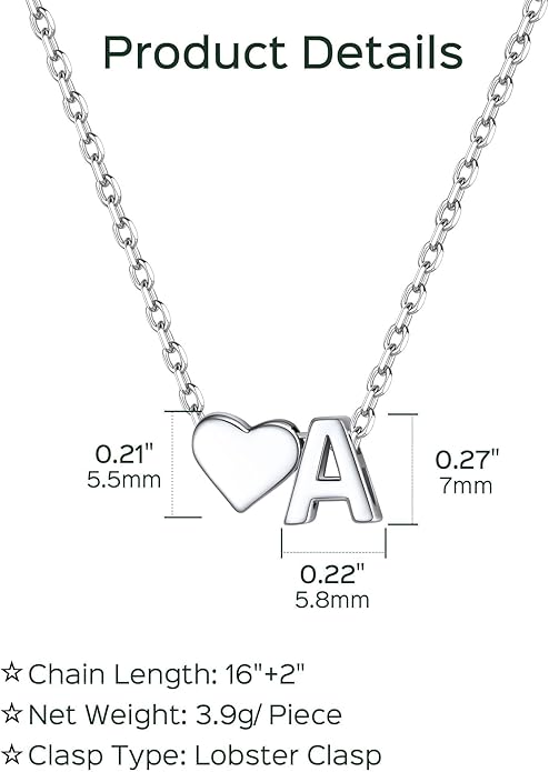 ChicSilver 925 Sterling Silver Heart Initial Necklaces for Women -Dainty Personalized Heart Pendant Letter Alphabet Necklace for Women