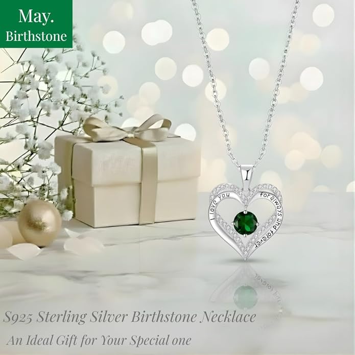 Birthstone Heart Necklace for Women Wife Girlfriend Mom Daughter Gifts S925 Silver Jewelry For Anniversary Rose Gold Gifts For Birthday Christmas Mothers Valentines Day