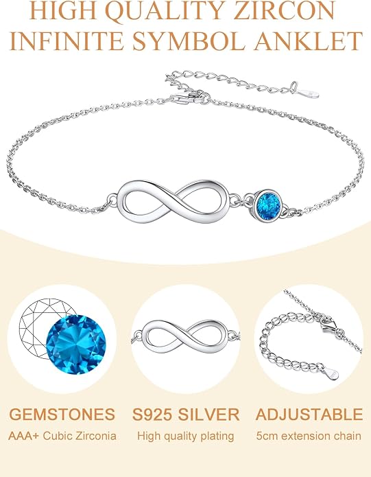 Custom4U Personalized Infinity Ankle Bracelets for Women 925 Sterling Silver Anklet Bracelet Endless Love Symbol Birthstone Charm Adjustable Foot Chain Jewelry Mothers Day Gifts for Mom Wife Women Her