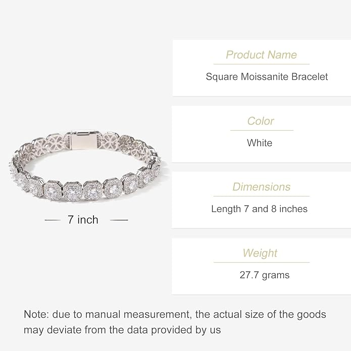 Elegance 14K Gold Square Diamond Moissanite Bracelet, White Gold Bracelet Options, Romantic Engagement Celebration Accessory Gift for Her