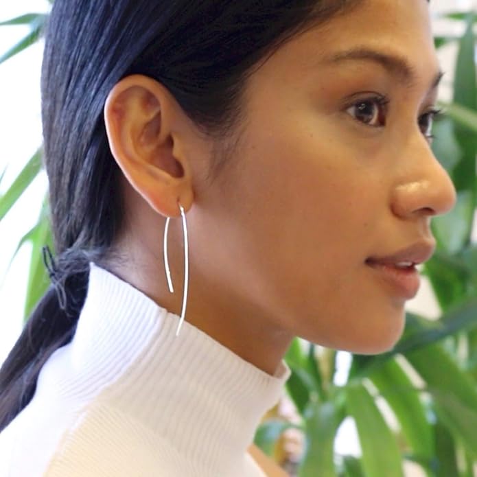 Upside Down Hoop Earrings - Hypoallergenic Lightweight Wire Needle Drop Dangle Threader Hoops for Women, Safe for Sensitive Ears - Plated in 925 Sterling Silver or 18k Gold