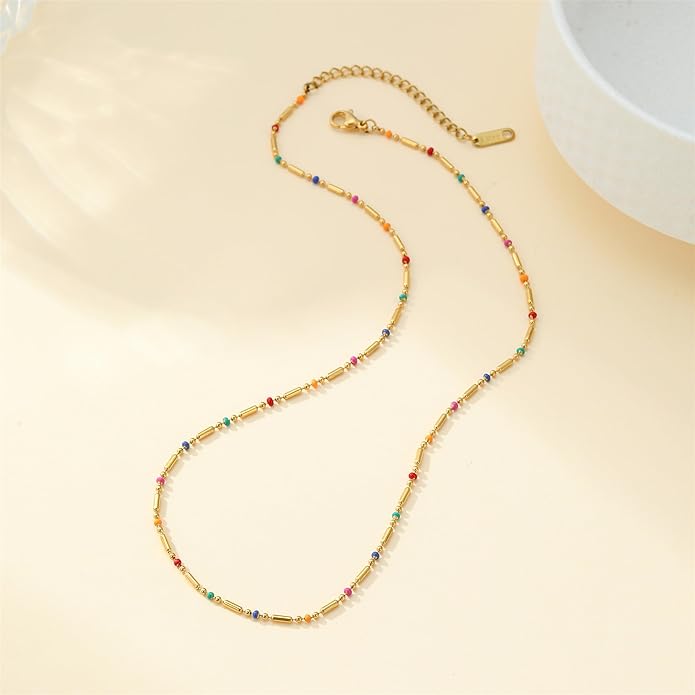 Gold Chain Necklace for Women Dainty 18K Gold Plated Thin Satellite Beaded Turquoise Necklace Simple Gold Boho Jewelry