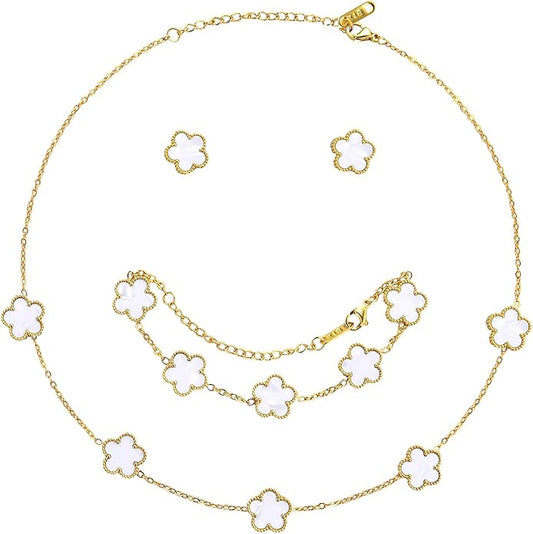 AmorArtSky Lucky Clover Jewelry Set - 18K Gold Plated Flower Design Five Leaf Bracelet, Necklace Pendant, Earrings for Women - Lucky Gifts for Mom, Wife, Daughter, Friends