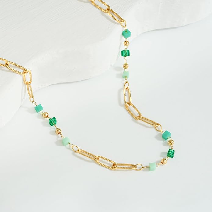 MTMY Beaded Necklaces for Women 14K Gold Plated Dainty Colorful Green/Rose Beaded Pearl Choker Necklace Delicate Boho Choker Necklace Jewelry Gift