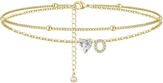 Ankle Bracelets for Women Waterproof 14K Gold Plated CZ Initial Anklet for Women Dainty Layered Letter Heart Ankle Bracelets Handmade Adjustable Foot Chain Anklet Summer Beach Jewelry