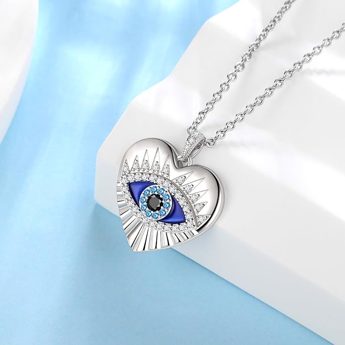 Jewmon 925 Sterling Silver Evil Eye Necklace for Women Lucky Turkey Eye of Proection Necklace Evil Eye Jewelry Gifts for Mom Daughter Grandma
