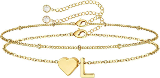M MOOHAM Christmas Gifts for Grandkids Teens Girls -14K-Gold-Plated Heart Initial Bracelets for Women Girl Dainty Gold Bracelets Birthday Gift Stocking Stuffers for Women Teenage Girls Kids Gifts