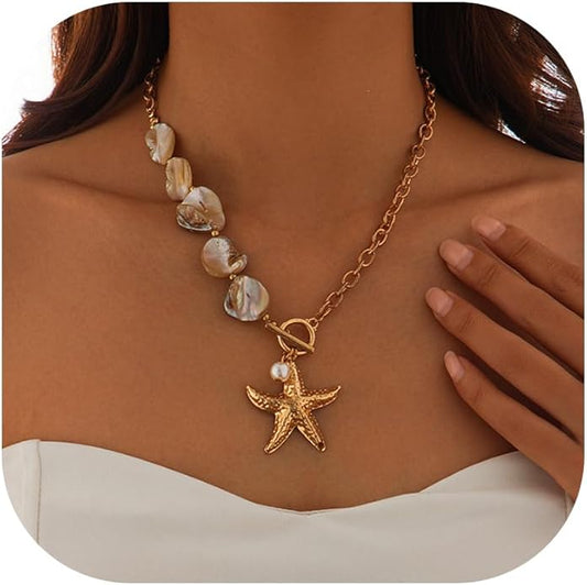 Gold Starfish Necklace for Women Beach Jewelry Accessories Sea Shell Beach Necklace Layered Starfish Pendant Beachy Ocean Necklaces Boho Cowrie Seashell Summer Necklaces Jewelry Gifts Trendy Stuff