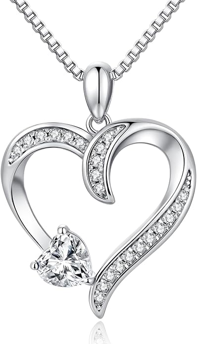 Love Heart Necklace for Women, 925 Sterling Silver Cubic Zirconia Birthstone Heart Pendant Jewelry Gift for Mom, Mother, Wife, Girlfriend on Birthday, Mother's Day, Chain 18 inch