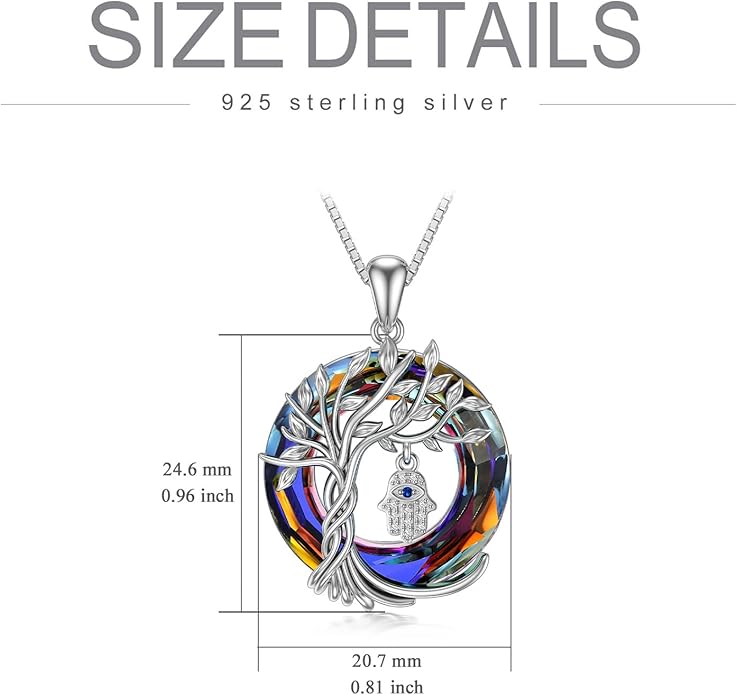 TOUPOP Evil Eye Necklace 925 Sterling Silver Tree of Life Circle Crystal Pendant Necklace Protection Jewelry Amulet Christmas Gifts for Women Her