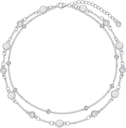Anklets for Women 925 Sterling Silver Natural Stone Layered Anklet Beach Summer Fine Jewelry Birthday Christmas Gifts for Women Her Mom