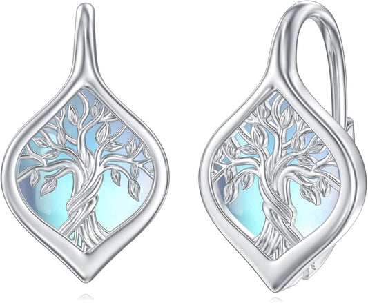 WINNICACA Leverback Earrings for Wonen 925 Sterling Silver Tree of Life Earrings Dangle Drop Turquoise Moonstone Moss Agate Heart Jewelry Gifts for Women Anniversary Birthday Christmas