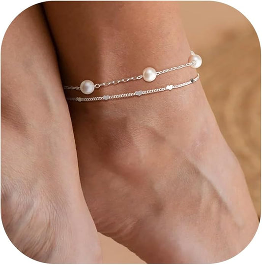 Sterling Silver Anklet Bracelets for Women Waterproof, 925 Sliver Plated CZ & Heart Charm Dainty Layer Anklets for Women Trendy, Simple Chain Anklets Set Gifts for Women, Jewelry Gifts for Her Women Mom Wife Girlfriend