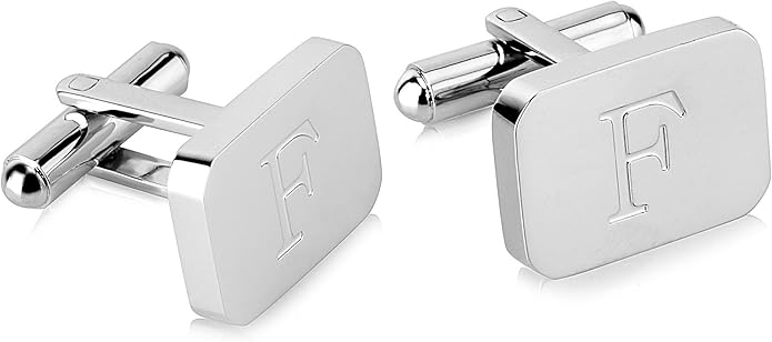 18K White-Gold Plated Initial Engraved Stainless Steel Men’s Cufflinks With Gift Box -Personalized Alphabet Letter’s A-Z By Lux & Pair