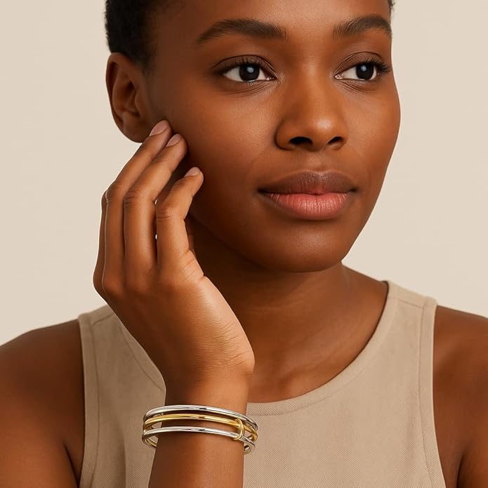 HANRESHE Mixed Metal Bracelet Stack Two Tone Bracelets for Women Silver and 14K Gold Plated Interlocked Stackable Bangle Set Stainless Steel Non Tarnish Bangle 7.5 inch