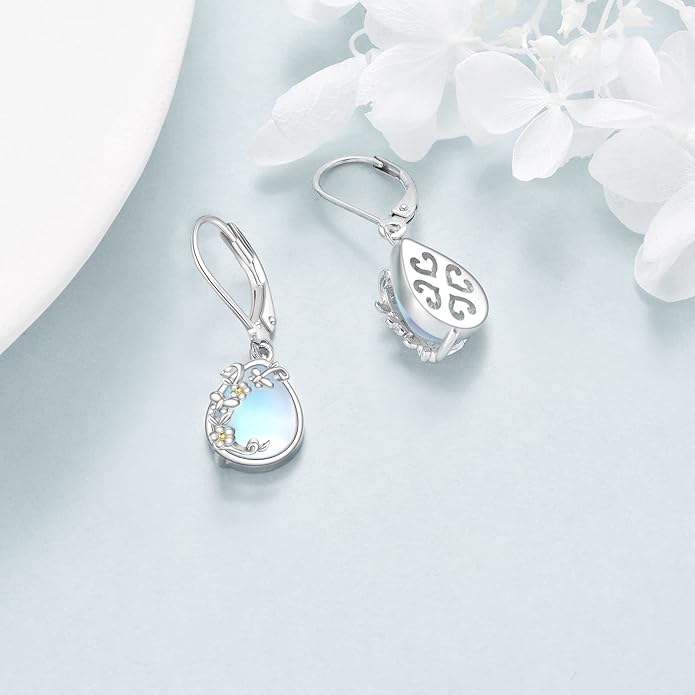 Moonstone Filigree Drop Dangle Teardrop Earrings 925 Sterling Silver Moonstone Leverback Earrings for Women Jewelry Gifts
