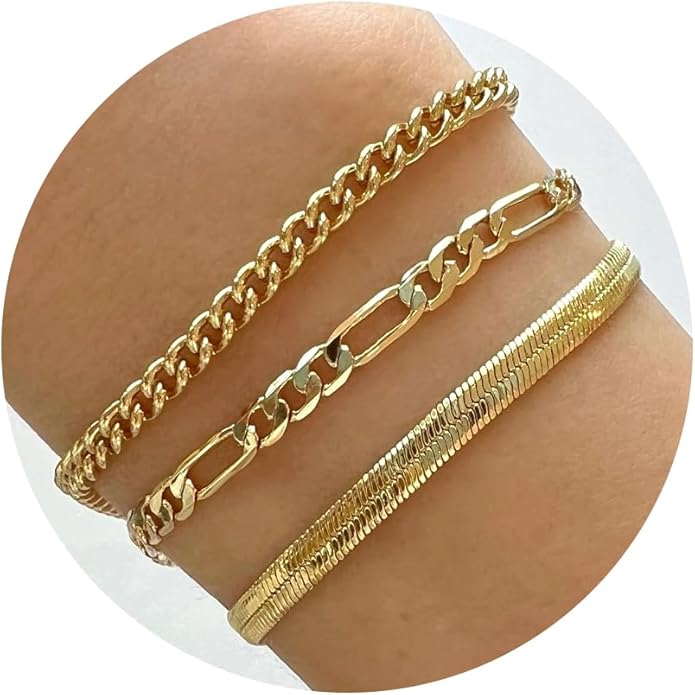 Gold Bracelets for Women Trendy,14K Gold Plated Dainty Stackable Paperclip Cuban Link Chain Bracelets, Simple Cute Cuff Bracelets Jewelry Set Adjustable 7"+2"