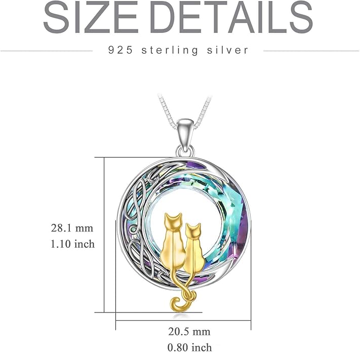 TOUPOP Christmas Cat Gifts for Cats Lovers One Two Three Four Cats Necklace Sterling Silver Cats on the Moon Pendant Necklace with Blue Circle Crystal Birthday Christmas Celtic Jewelry Gifts for Women