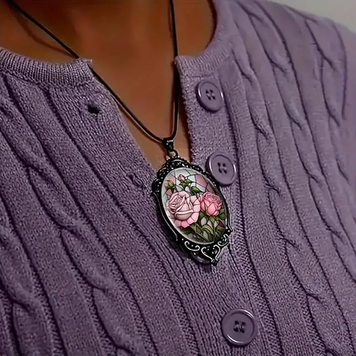 Gothic Rose Glass Necklace for Women Vintage Satan Demon Pendant Halloween Roses Necklaces Dark Punk Style Necklace Victoria Emboss Necklaces Mystic Witch Jewelry Gift Accessories
