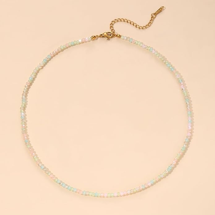 JSJOY Tiny Crystal Beaded Choker Necklaces for Women Colorful Beaded Necklace Dainty Choker Necklaces Simple Boho Jewelry Gifts for Teens Handmade Bead Necklaces Gifts