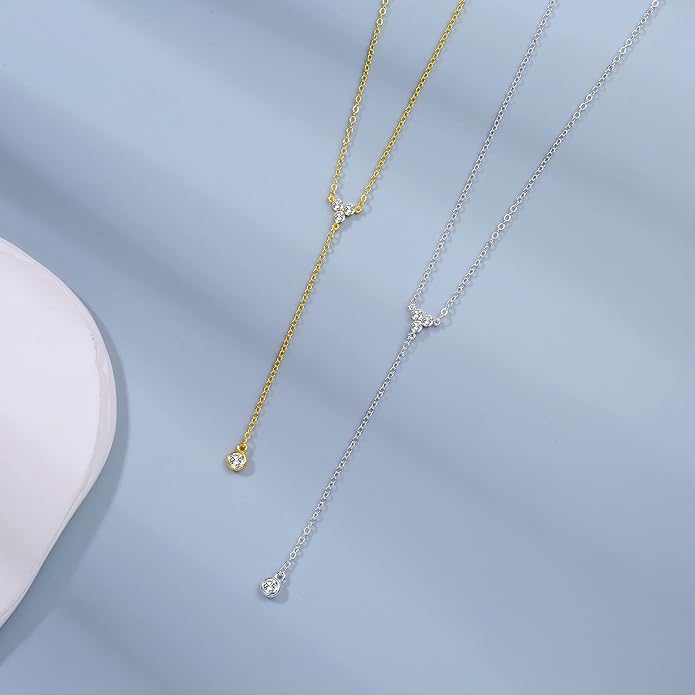 Gold Y Necklace for Women 14K Gold Plated Y-Shaped Drop Necklaces CZ Long Necklace Cubic Zirconia Pendant Layered Long Lariat Necklace Women Jewelry