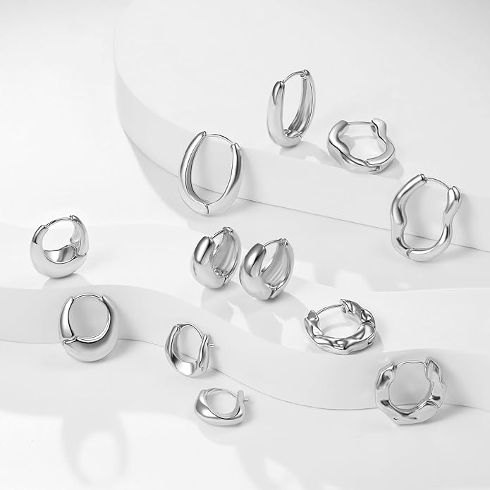 6 Pairs Gold Hoop Earrings Set for Women, 14K Gold Plated Huggie Chunky Earring Variety Pack, Hypoallergenic Thick Jewelry Gift